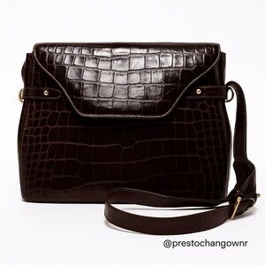 Vintage Bally Croc-Embossed Leather Crossbody Shoulder Bag Brown Gold Hardware